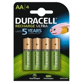 Duracell Pack de 4 Pilas Recargables AA NiMH 2500 mAh, 1.2V, Referencia HR06-P, Ideal para Mandos, Juguetes y Linternas